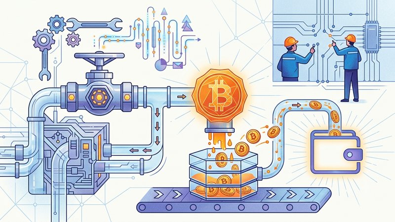 Схематичная иллюстрация процесса настройки автоматического биткоин-крана для пользователей FaucetPay от компании КриптоНетос
